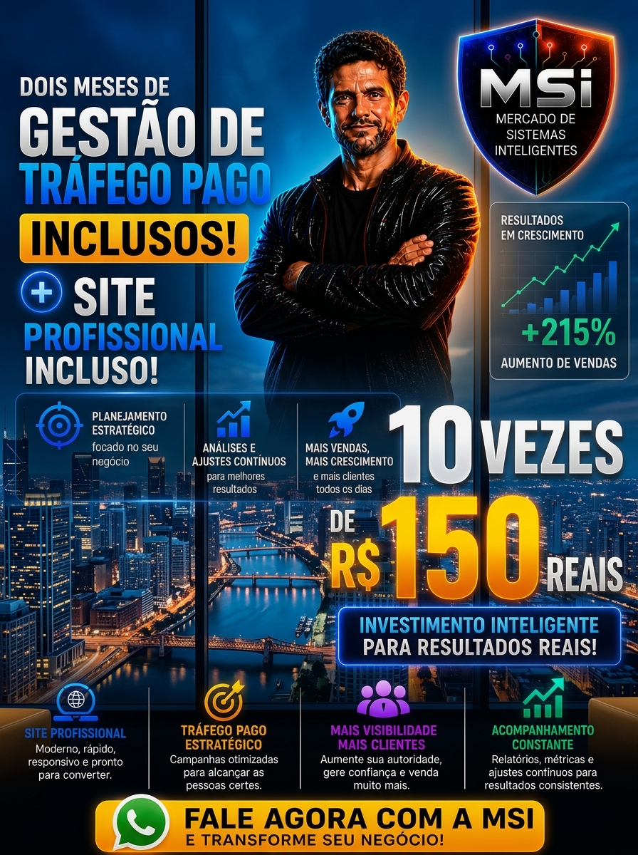 Criativo MSI Tráfego Pago — 10x de R$150, vista noturna da cidade