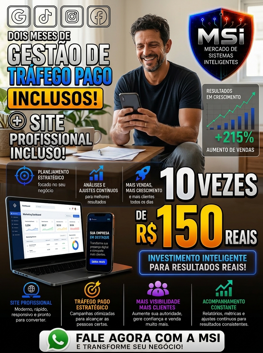 2 Meses de Gestão de Tráfego Pago + Site Profissional Incluso por 10x R$250
