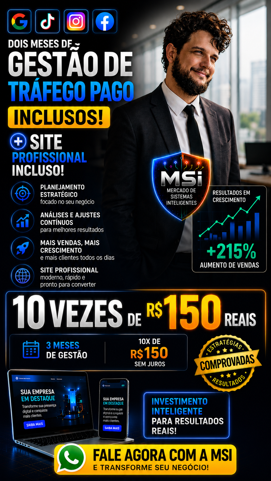 Criativo MSI Tráfego Pago — 10x de R$150, 3 meses de gestão