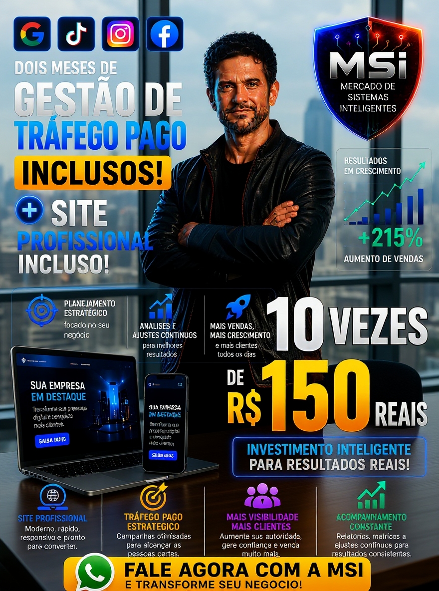 Criativo MSI Tráfego Pago — 10x de R$150, site profissional incluso