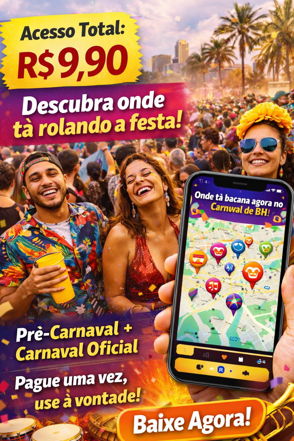 Criativo de app de Carnaval BH: Descubra onde tá rolando a festa