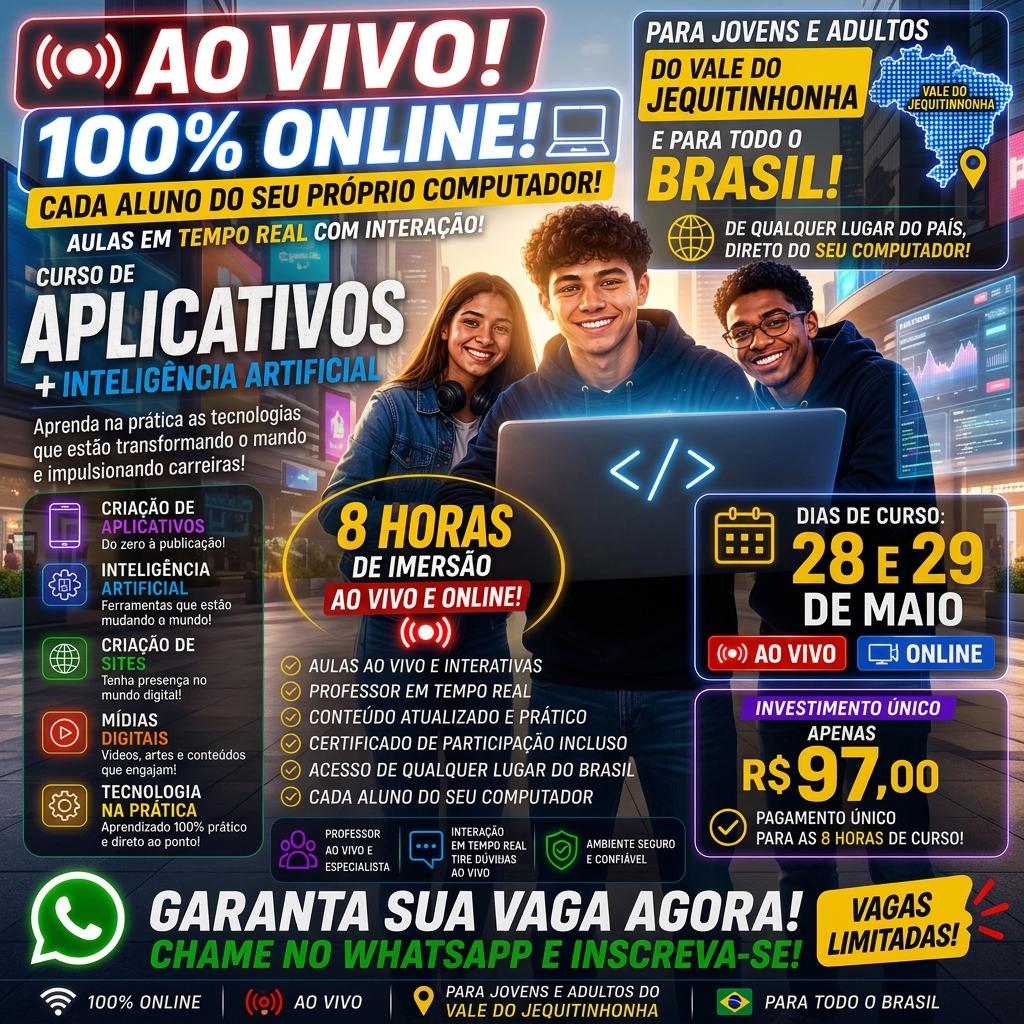 Criativo do curso de Aplicativos e Inteligência Artificial ao vivo e online