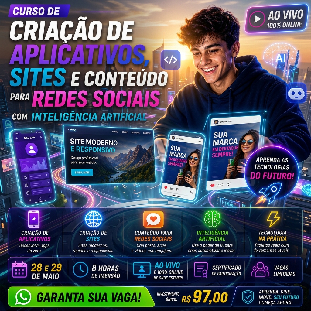 Criativo curso Criação de Aplicativos, Sites e Conteúdo com IA — versão cidade futurista