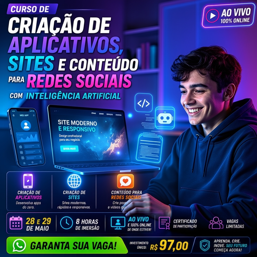 Criativo curso Criação de Aplicativos, Sites e Conteúdo com IA — versão home office neon
