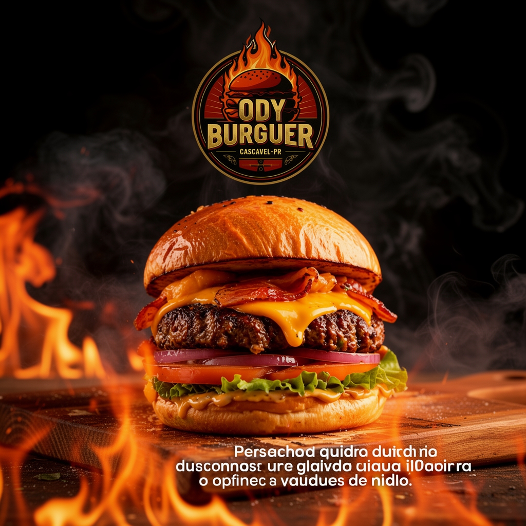 Anúncio Ody Burguer com fundo escuro e fogo