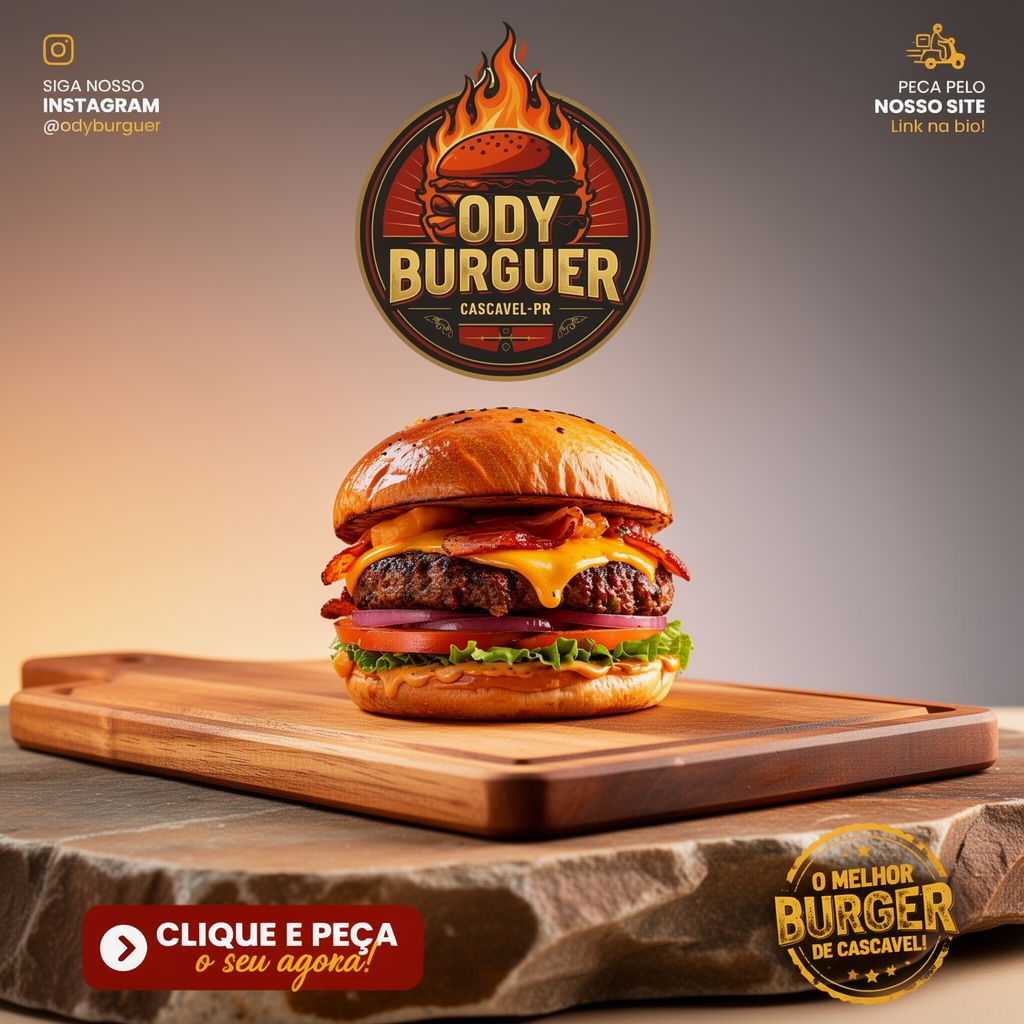 Anúncio Ody Burguer premium em tábua de madeira